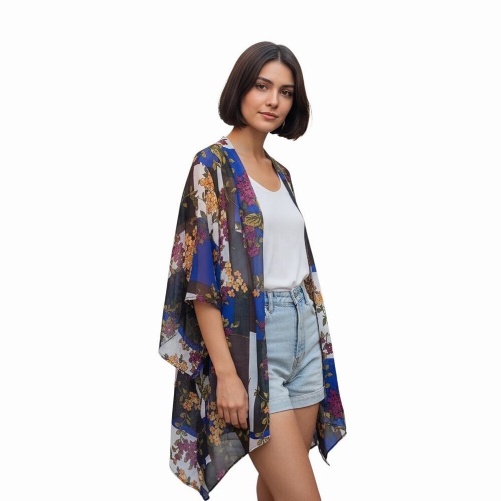 Floral Geometric Kimono Shiffon Cardigan Sheer Open Front Duster Small Boho